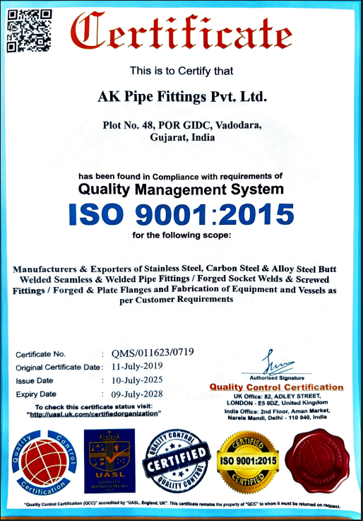 ISO 9001:2015 Quality Management System Certificate - AK Pipe Fittings Pvt. Ltd.